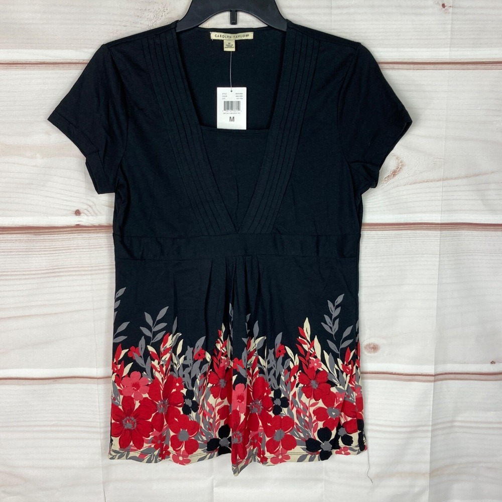 Carolyn Taylor Top Womens M Black Solid Floral T-Shirt Empire Waist Short Sleeve